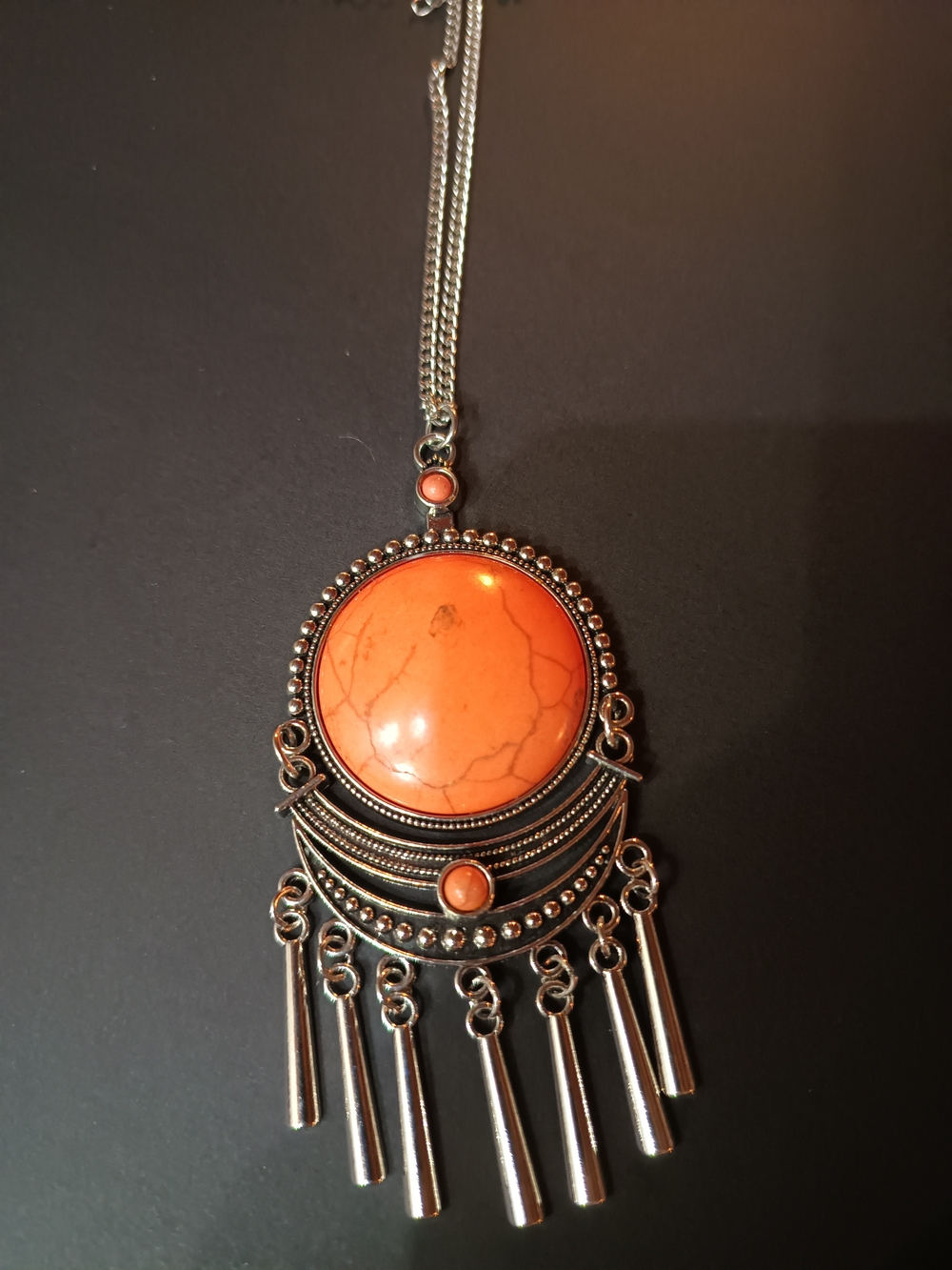 Silver-Tone Necklace with Orange Cabochon and Fringe